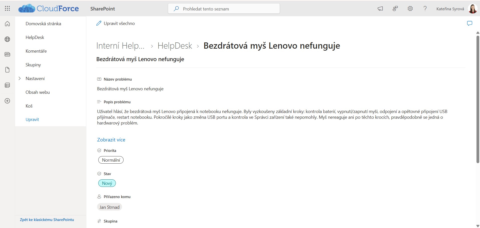 Ticket v HelpDesk založený AI Copilot
