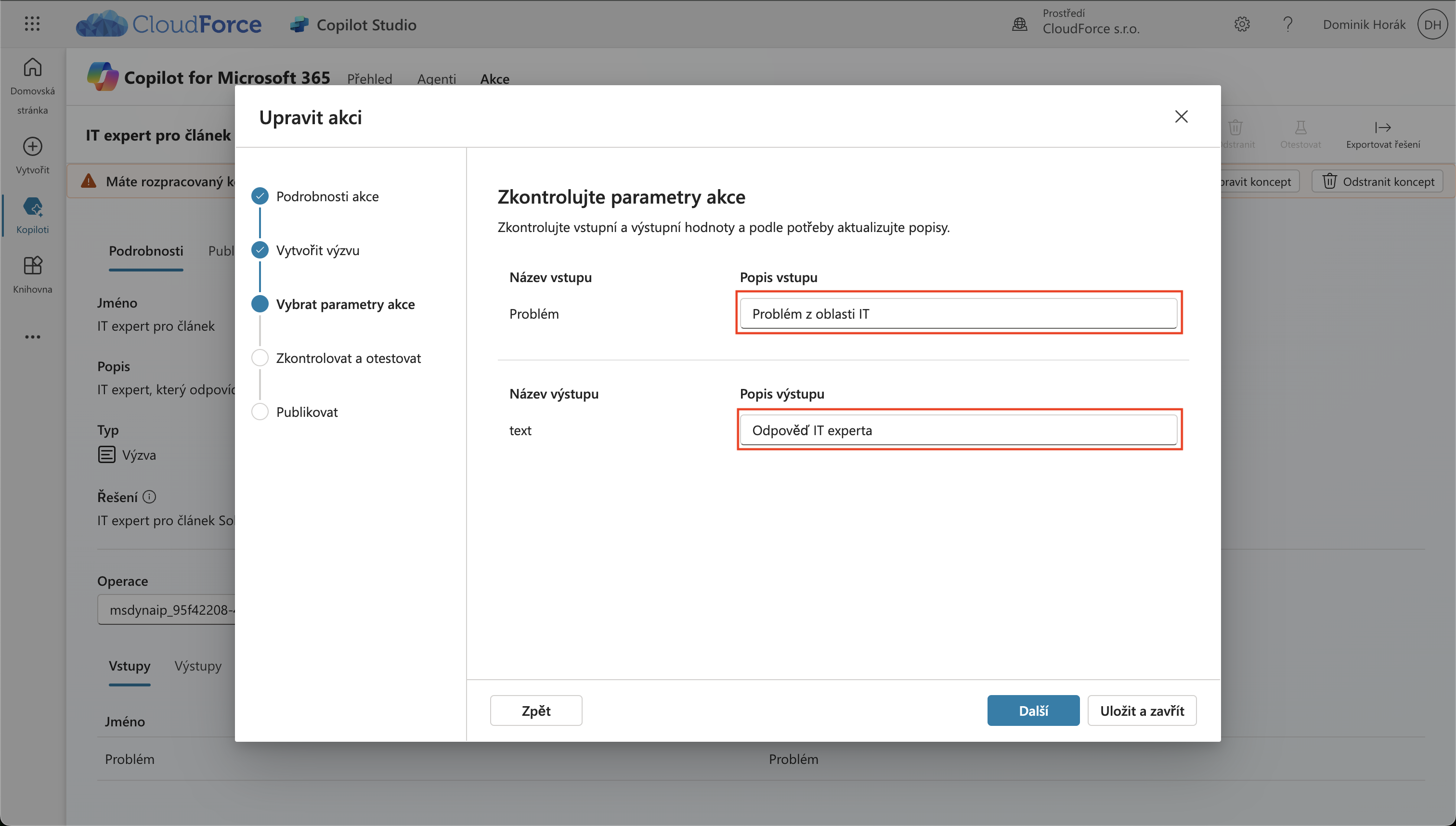 Copilot studio: Parametry akce Copilot studio: Parametry akce